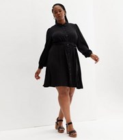 New Look Curves Black Belted Long Sleeve Mini Shirt Dress